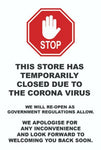 STORE TEMPORARILY CLOSED SIGN STICKER CORONA SAFETY WARNING SELF ISOLATION